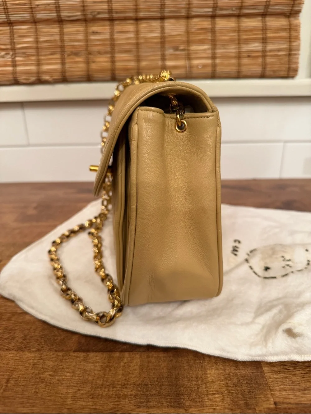 CHANEL Quilted Shoulder Bag in Tan with Gold Hardware